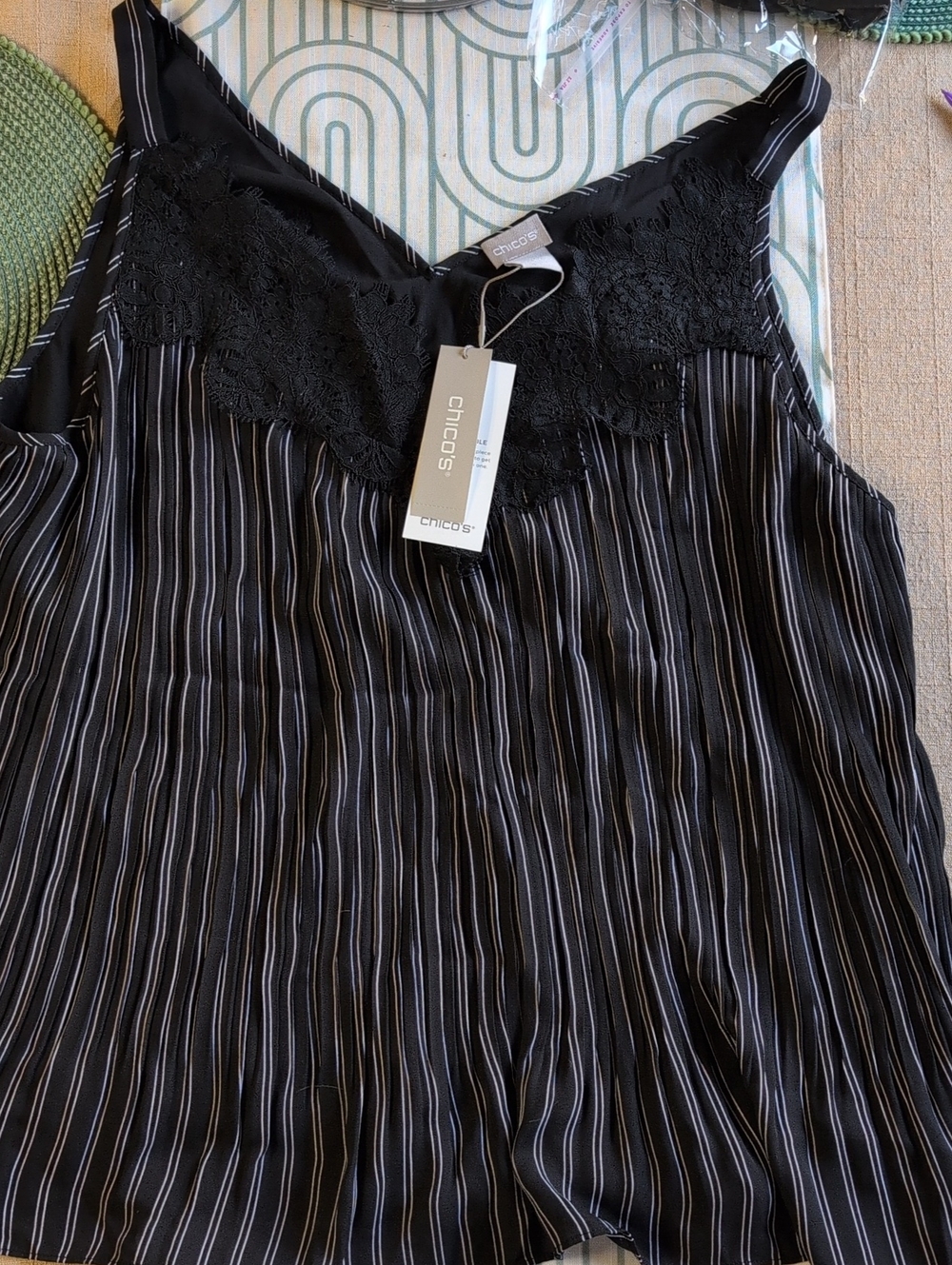 #32-Chico's Black Pinstripe Lace-Trim Slip Cami